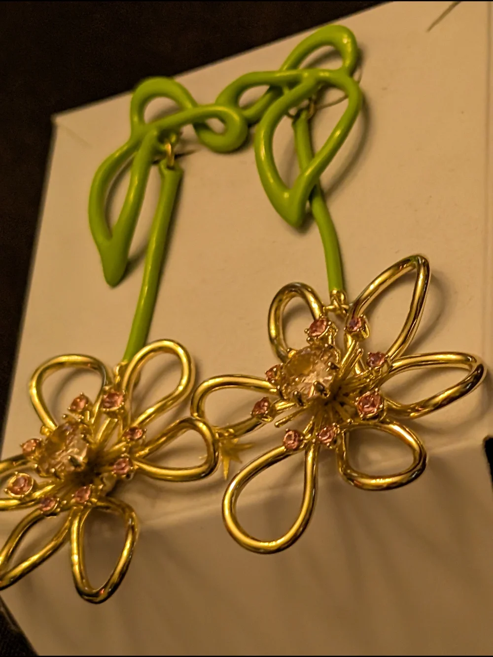 Gold & Lime Green Flower Drop Earrings with Pink Crystals